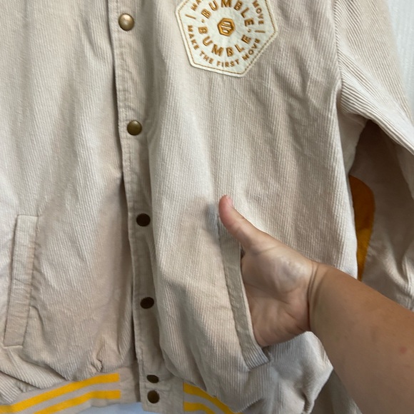 Bumble Dating App Corduroy Jacket Size Medium Tan Varsity Snap Front Lined - Picture 5 of 8